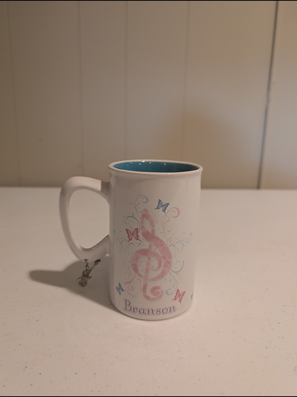 White Ceramic Mug with Pink Treble Clef and Blue Interior